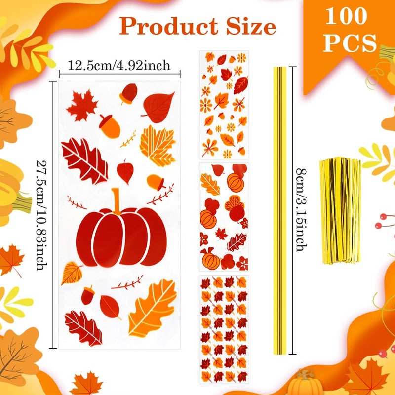 BOEIAC Thanksgiving Treat Bags 100 Pcs Thanksgiving Fall Cellophane Treat Bags  Plastic Autumn Maple Leaves Pumpkin Candy Goodie Bags with Twist Ties for Thanksgiving Fall Theme Party Favor - Image 2